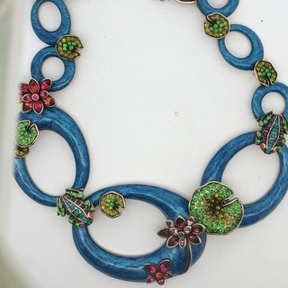 Heidi Daus Leaping Luxury Crystal Enamel Necklace Frogs Lily Pads