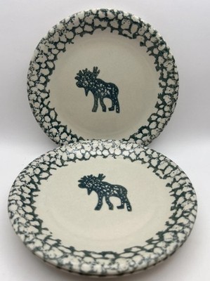 3 Folk Craft Tienshan Moose Country 7.5  Salad Plates Stoneware, Green Sponge