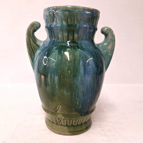 Vintage McCoy Pottery Vase Turquoise Blue Drip Glaze Dual Handles Art Pottery