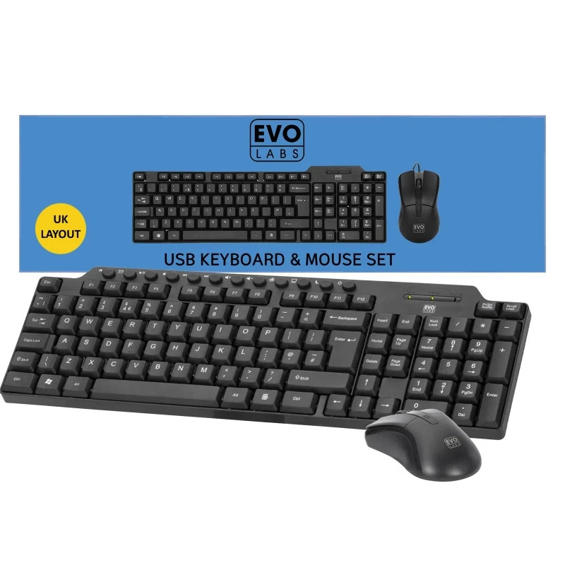 Evo Labs CM-501UK Wired Multimedia Keyboard and Mouse Combo Set Full Size QWERTY