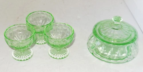 Depression Glass Gree Childs Pieces Footed Bowls & Covered Dish