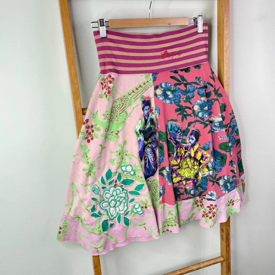 Falda Desigual Mujer Pequeña Rosa Floral Rayas Línea A Hasta la Rodilla Bordada Foto 3 de 4