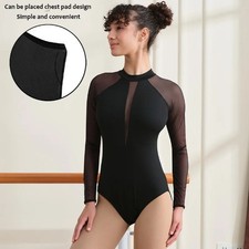 Women V-Mesh Mock Neck Ballet Dance Leotard Dance Gymnastics Water-drop Hollow