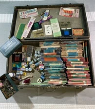 Large Vintage Sewing Box Lot Buttons Thread Zippers Needles Ricrac Scissors Box
