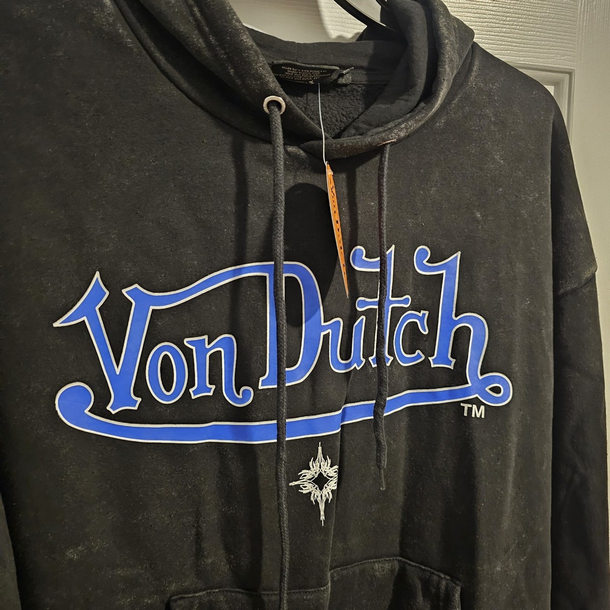 Von Dutch Hoodie Black Blue Logo Pullover Size Large Y2K 