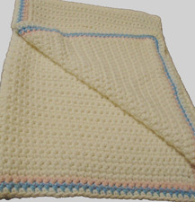 Baby Blanket Knitted White Pastel Blues/Pinks Shimmer Vintage Nursery 43x32 288