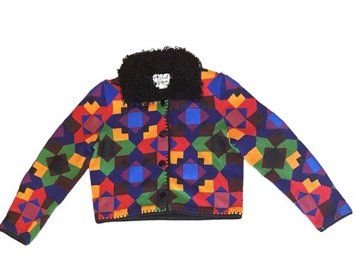 Vintage Michael Simon Geometric Granny Quilt Retro Womens Sweater Cardigan Med.