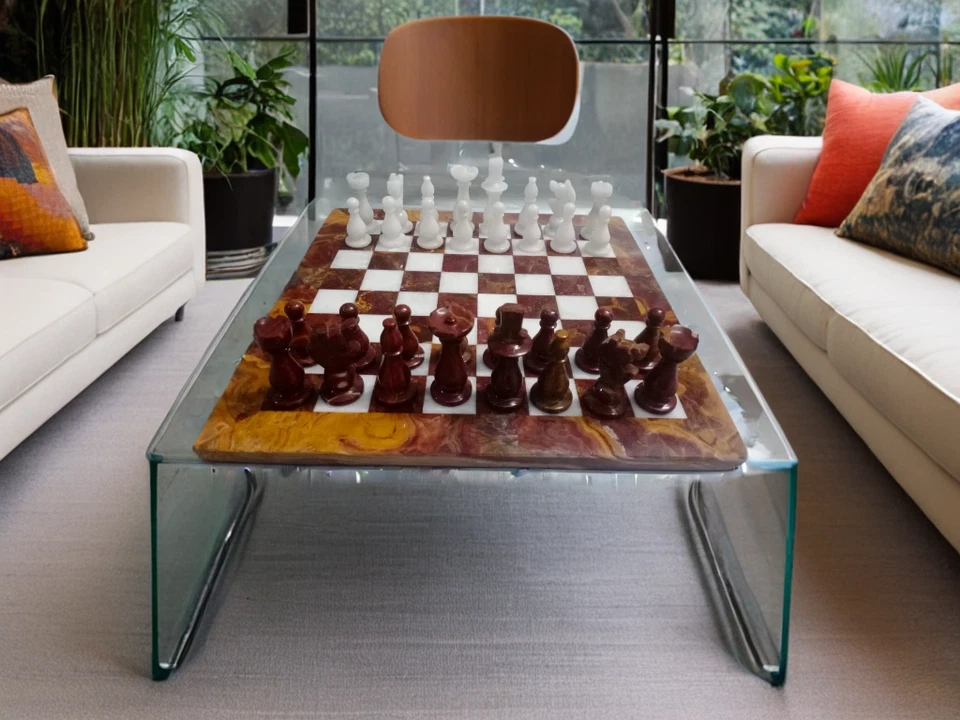 Échiquier en Marbre Rouge et Blanc Onyx 30x30cm Fait Main - Cadeau et Décoration - Photo 4/4