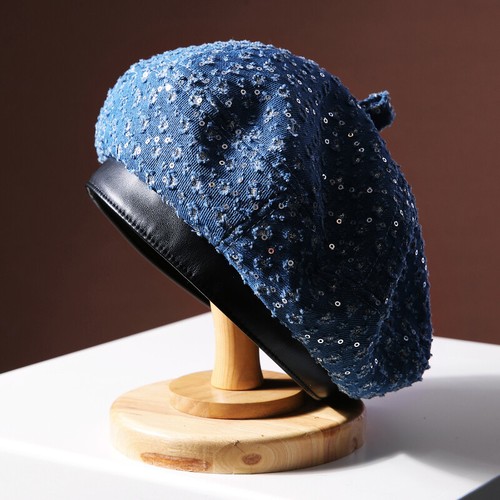 Lady Classic Sequin Denim Beret Hat PU Leather Brim Painter Brimless Cap Vintage - Picture 2 of 10