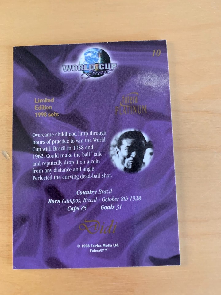 RARE FUTERA PLATINUM 1998 WORLD CUP GREATS DIDI BRAZIL CARD No 10 OF rare-futera-platinum-1998-world-cup-greats-didi-brazil-card-no-10-of
