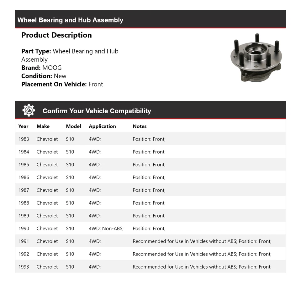 Conjunto de cojinete de rueda y buje delantero MOOG 1983-1993 Chevrolet S10 4x4 Foto 2 de 4
