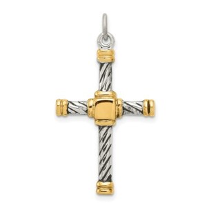 Authentic Antiqued Sterling Silver & 18k Gold-plated Latin Cross Charm Pendant 1.22"
