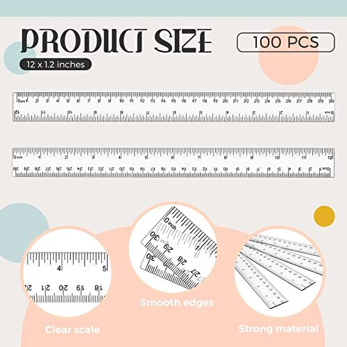 100 Pcs 12 Inch Clear Rulers Plastic Ruler Straight Ruler with Inches ...