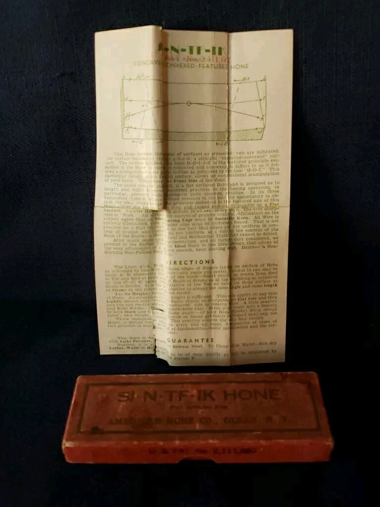 Vintage American Hone Co Olean NY SI-N-TF-IK Razor Knife Sharpening Stone w/Inst