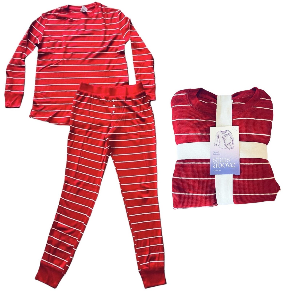 Stars Above 2-Pc THERMAL PAJAMAS SET Red White Stripe Womens Small