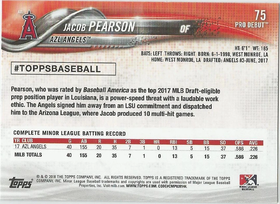 Jacob Pearson LA Angels 2018 Topps Pro Debut Minor League Baseball - Image 3 of 3