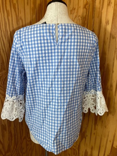 Blusa Pullover Liz Claiborne Carrera Top Ojo de Cerradura Azul Algodón a Cuadros Talla M - Imagen 2 de 8