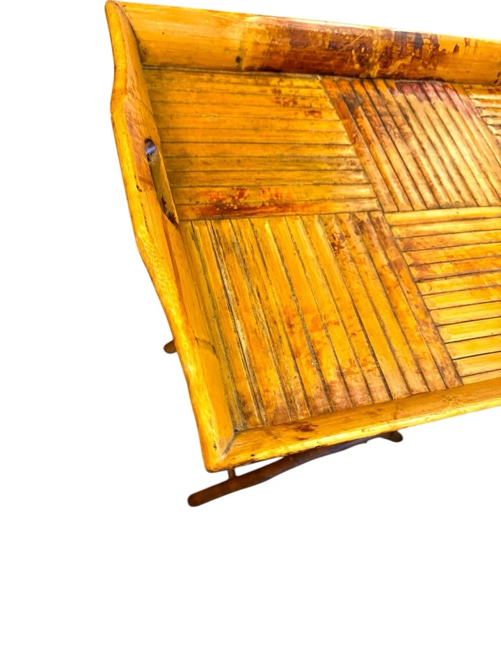 2 Piece Vintage tortoise Burnt Bamboo Folding Butler Tray removable X Base Stand - Image 2 of 4