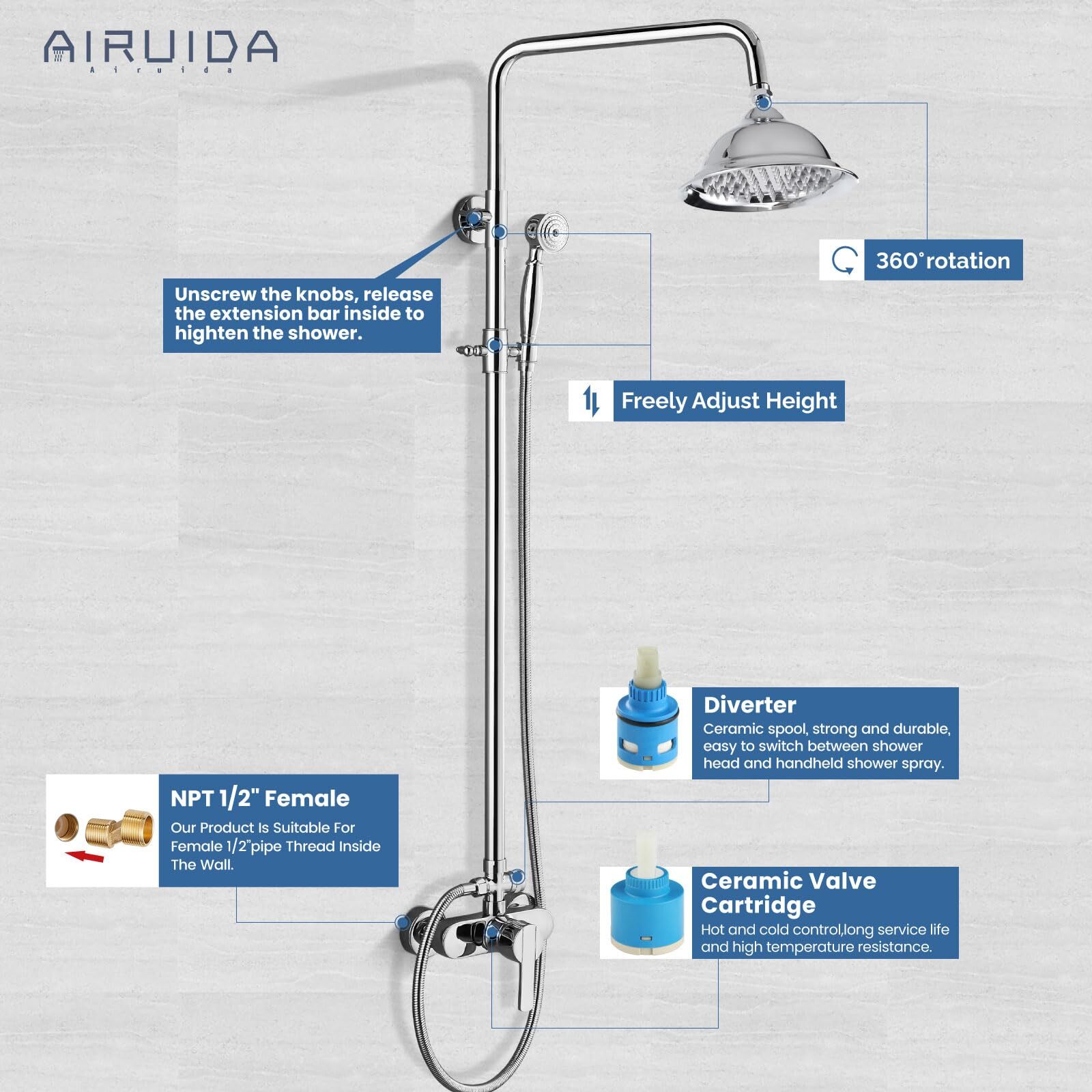 Airuida Exposed Pipe Shower System, Chrome Polish Brass 8 Inch Overhead