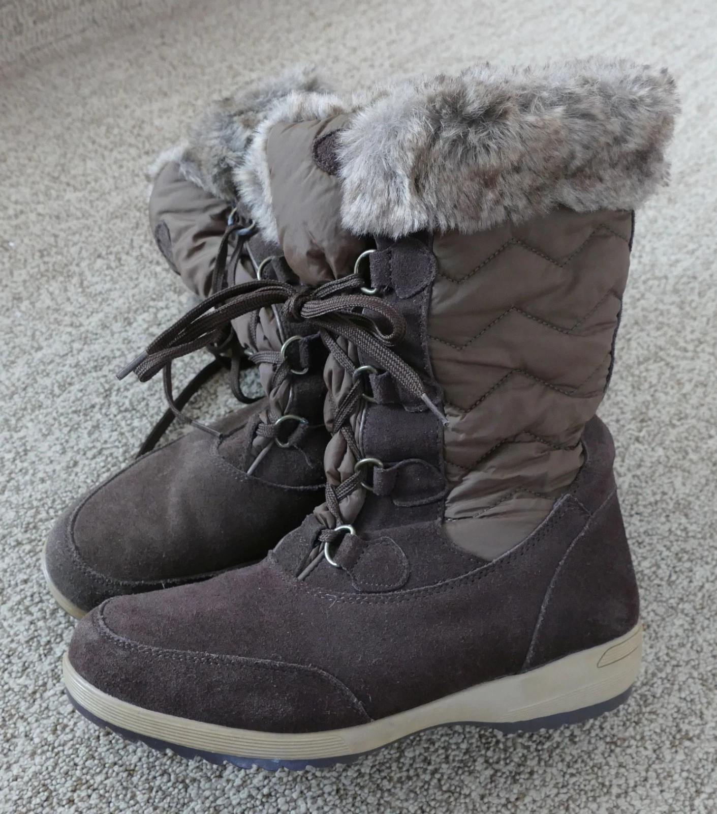 Lands' End Womens 9.5B Brown Leather Lace Up Zip Winter Snow Boots Faux Fur Trim