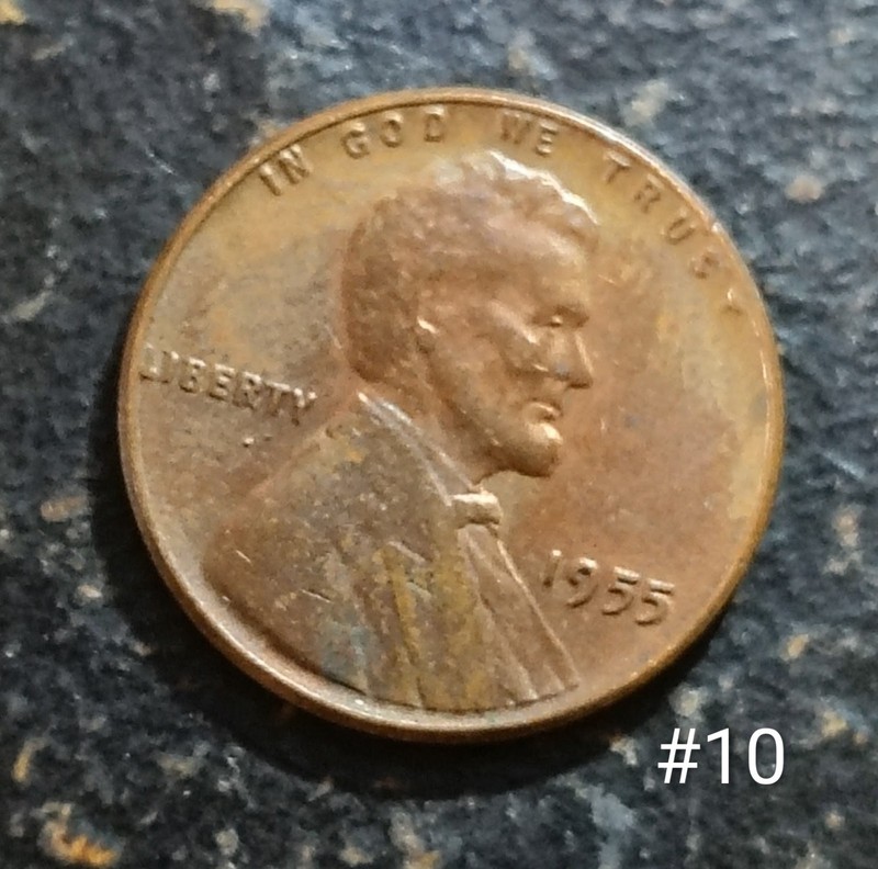 1955 wheat penny error, L of LIBERTY on rim, Die Chip to the right of the B #10