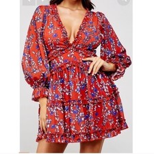 L'ATISTE by Amy Anthropologie Red Floral Long Sleeve Open Back Short Dress Sz S