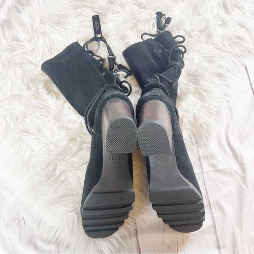 Sorel Farah Black Suede Leather Mid Calf Tall Lace Up Tassel Boots Size 11 - Picture 6 of 9