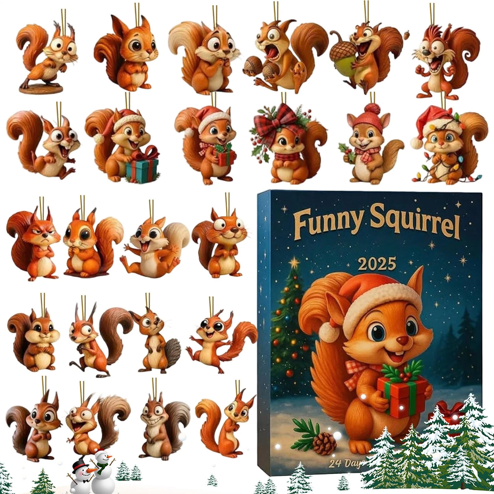 Christmas Countdown Funny Squirrel Advent Calendar 2025, 24 Days 2D Blind Boxes