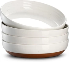 8.5" Pasta Bowls Set of 4 with Sesame Glaze Finish, 30Oz Shallow White Ceramic D
