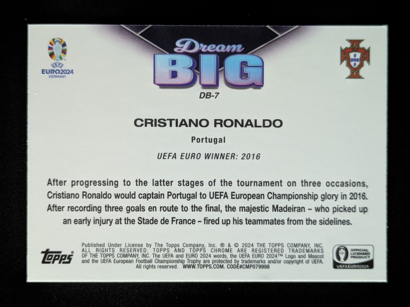 2024 Topps Chrome UEFA Euro CRISTIANO RONALDO Refractor Dream Big Portugal #DB-7 view 2