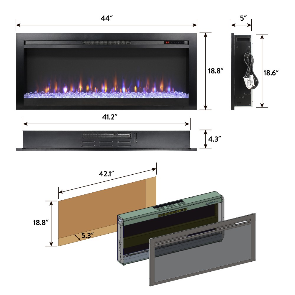 44'' in Wall Recessed Electric Fireplace w Remote and Multi Color Flame Emberbed