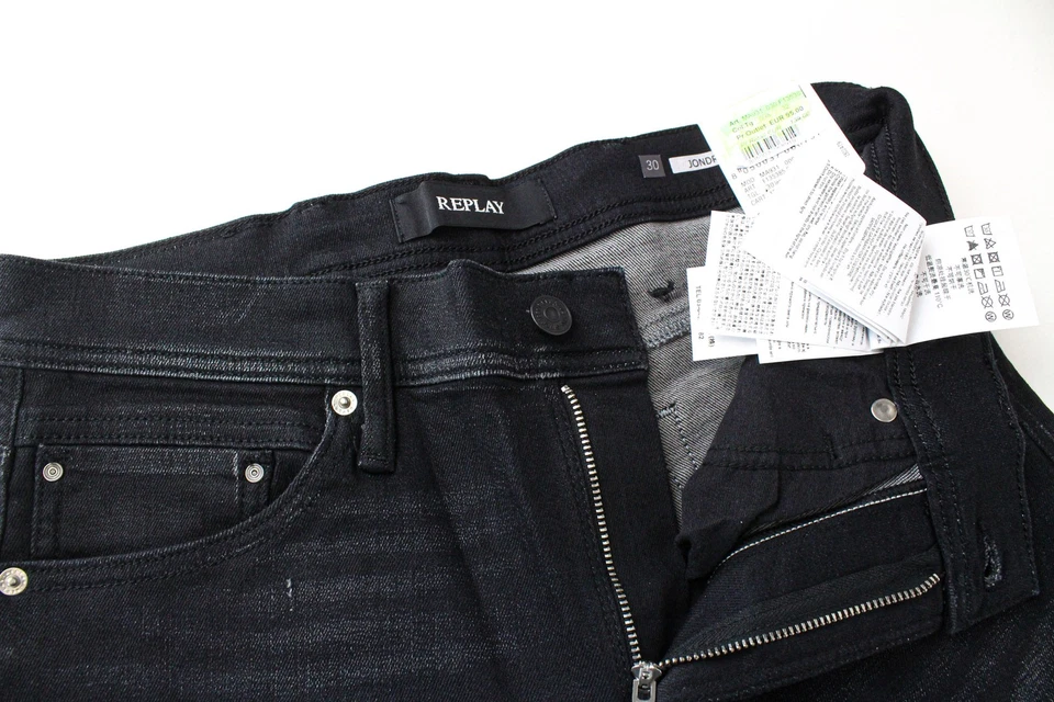 Replay Jondrill Homme Jean W30/L32 Enduit Noir Extensible Bleu Étroit Zippé Fit - Photo 4/4