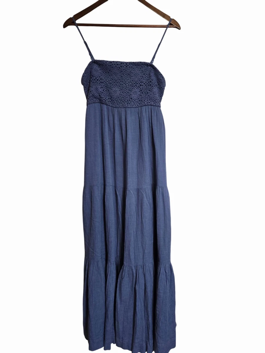 chinese dress ladies American Eagle Gray Square Neck Puff Sleeve A Line Tiered Midi Dress S   Brie