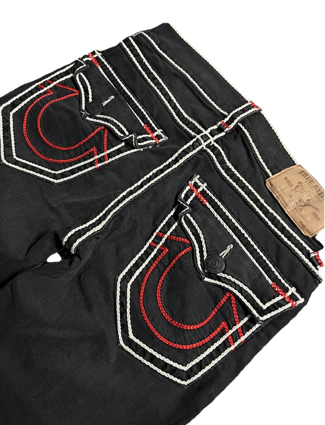 True Religion Men's Jeans Size 32 Black and Red Rocco Relaxed Skinny