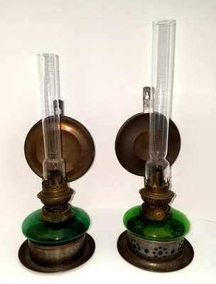 Pair of Late 19th c Kosmos Brenner German Oil Lamps w/ Green Glass Fonts
