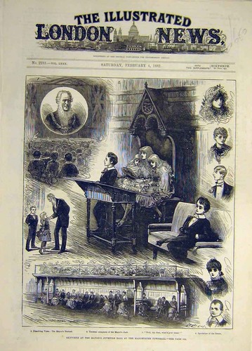 Original Old Antique Print 1882 Sketches Mayor Juvenile Ball Manchester Townhall