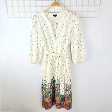 Talbots Womens Dress 14W White Floral Print Belted Cotton Shirt-Read