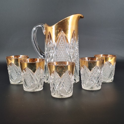 Vintage Pitcher & 5 Wine Glasses Set with Gold Trim and Diamond Cut Glass - Picture 2 of 24