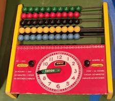 Vintage 1960s Preschool Abacus w/Clock Days Months Colorful Red Wood 11x11in