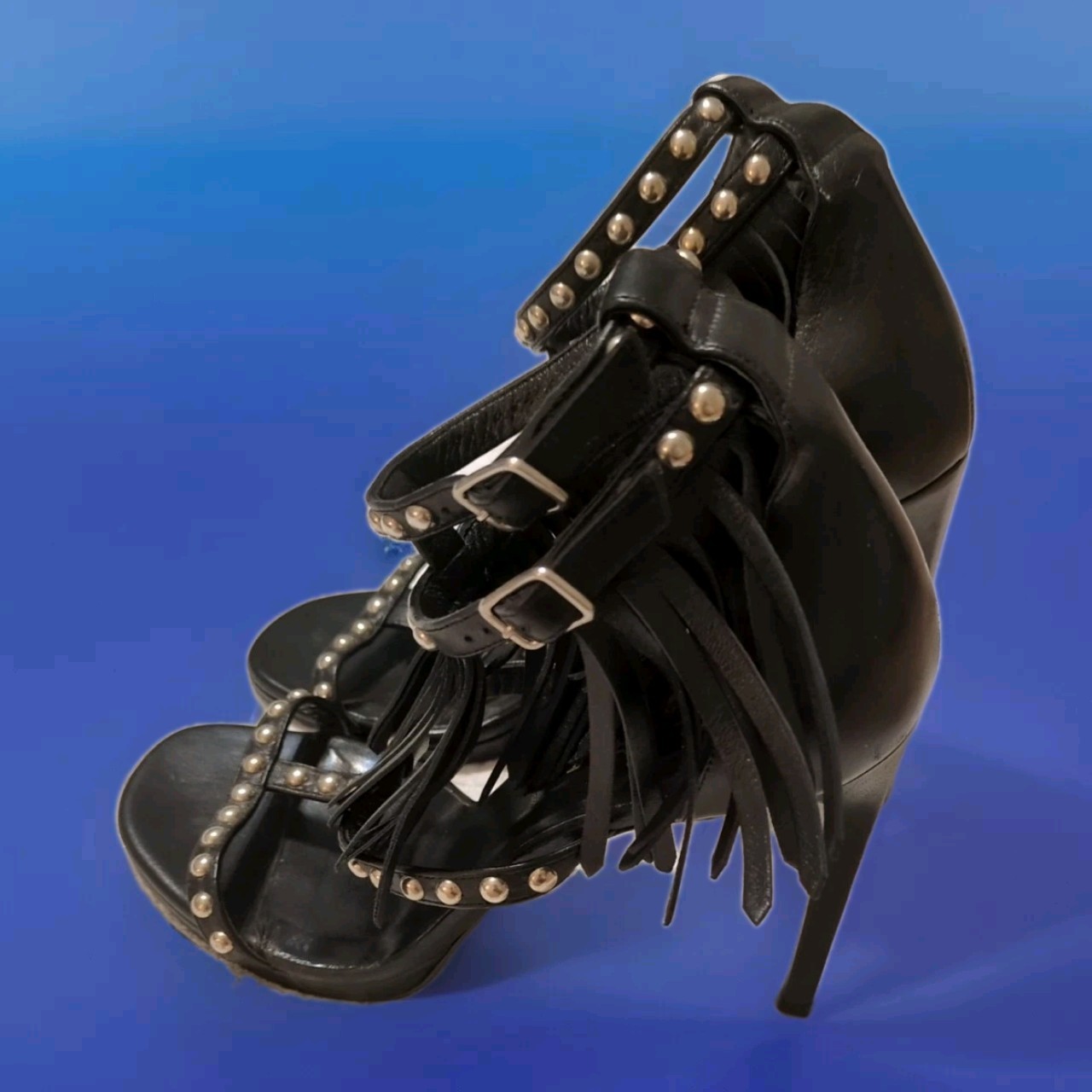 Sandali stiletto Saint Laurent tacco 8 1 2 US 38 1 2 neri con frange borchie