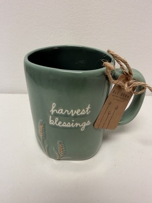 Rae Dunn ''harvest blessings'' Green w/ Etched Gold Tone Wheat Coffee Mug New