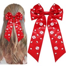 Baseball Hair Bows Accessories for Women Jeweled Rhinestone Large Red Blue Bo...