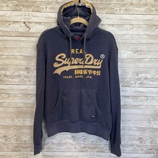Superdry Vintage Mens M Hoodie Graphic Blue Cotten Blend Yellow Logo Pocket