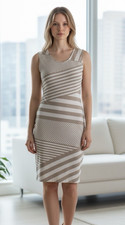 Calvin Klein Beige White Striped Sheath Dress Size 10 Geometric