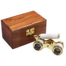 Antique Brass Opera Glasses Mother of Pearl Binocular with/ Wooden Box Gift