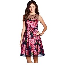 Eliza J Satin Floral Polka Dot Mesh Illusion Dress Pleated Feminine Cottage