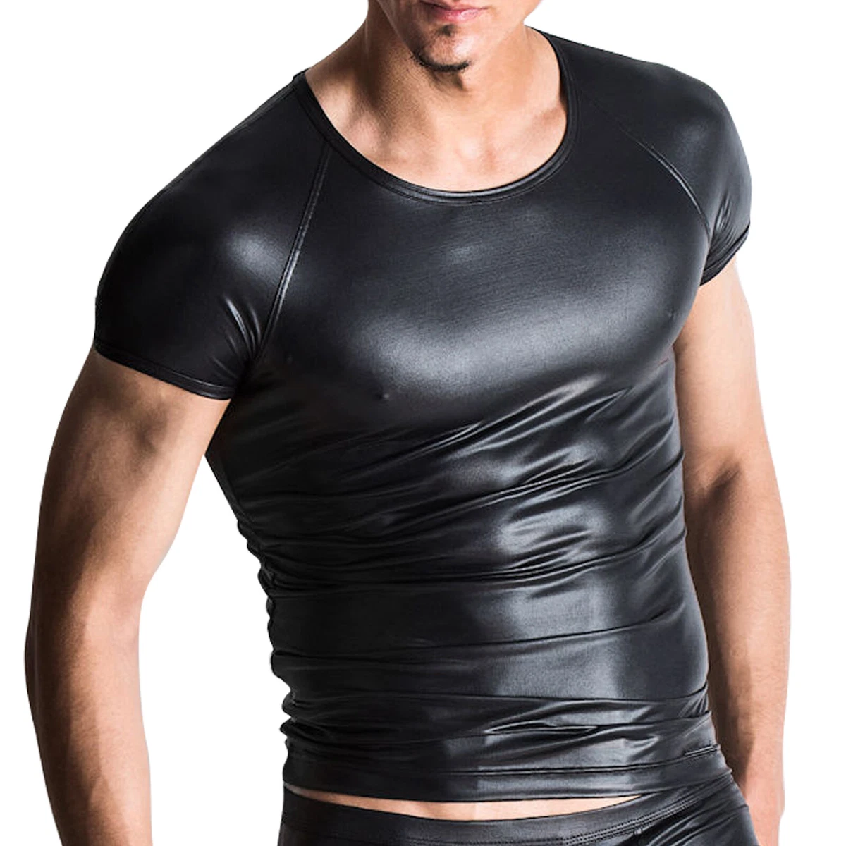 Men s Faux Leather Short Sleeve T Shirt Wet look Tops Party Tees Clubwear Black