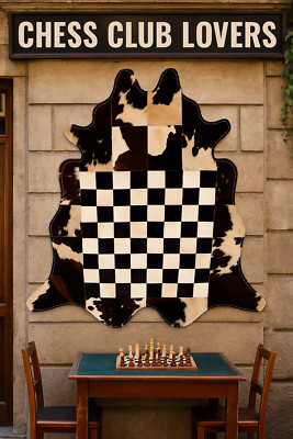 Genuine Cowhide Hair-On Chess Rug | Wall Hanging, Gym Mat, Home Art, Sports Rug