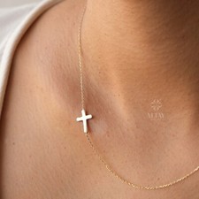 14K Gold Sideways Cross Necklace, Dainty Gold Cross Necklace, Jesus Christ