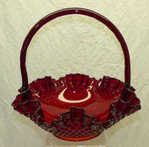 Vintage Label Ruby Red Basket Fenton Glass Hobnail 11.25" Tall Handled Ruffled